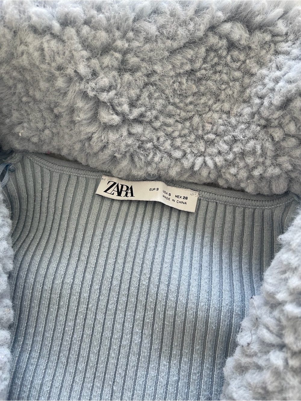 Zara Pale Blue Ribbed Tie-Front Sweater with Plush Collar - Picture 2 of 2
